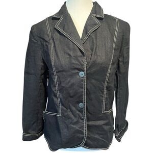 August Silk Women's 6 Black Blazer with White Stitching 100% Linen Summer